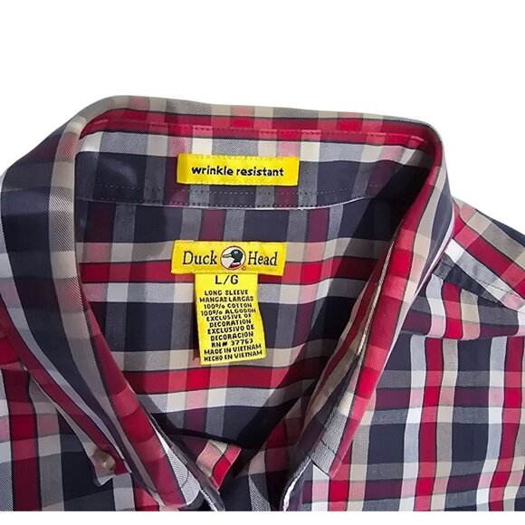 Duck Head Mens Long Sleeve Red Navy Plaid Button-Down Shirt L Wrinkle Resistant - Picture 3 of 6